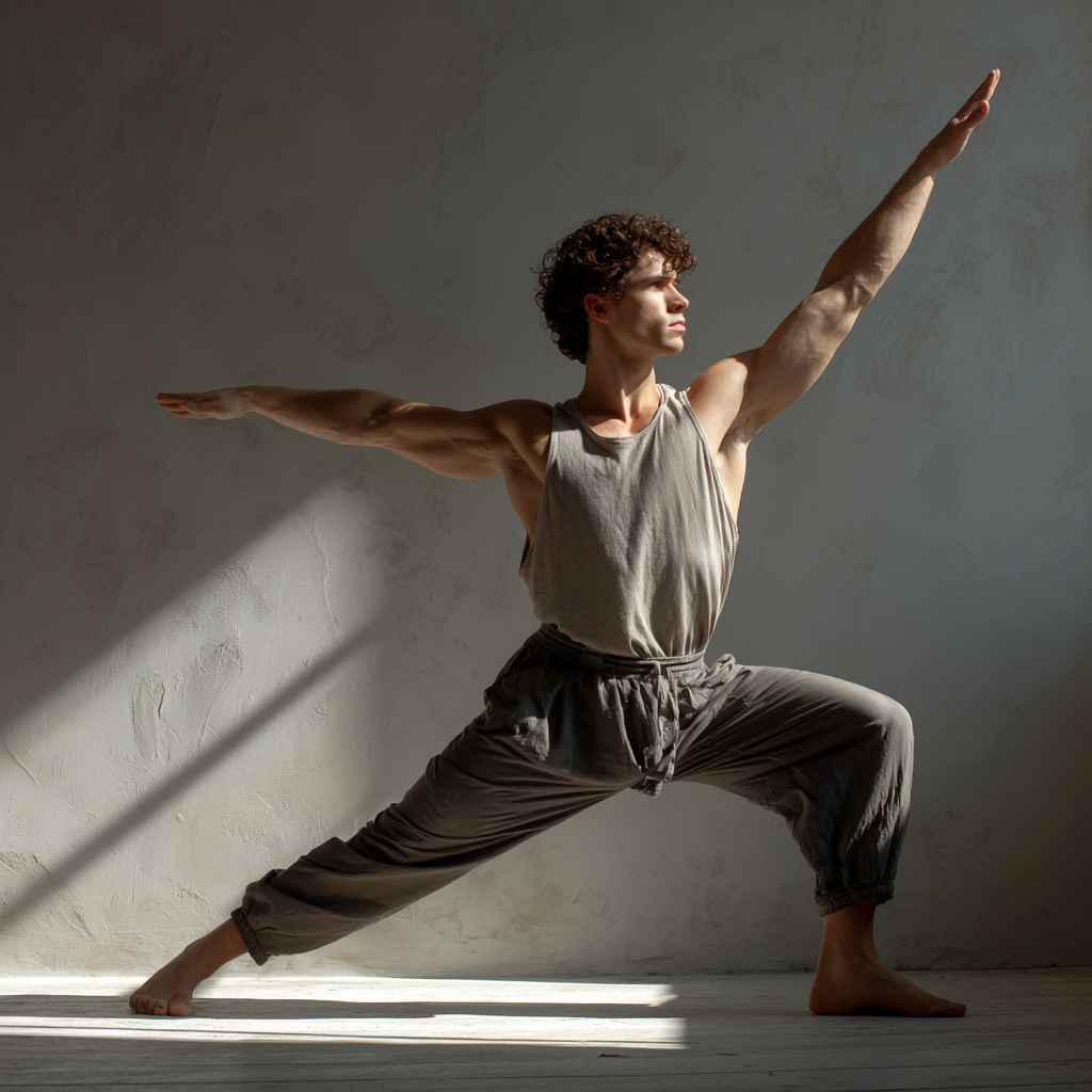 Žena praktizujúca jemnú jogu v modernom prostredí s fialovým svetlom